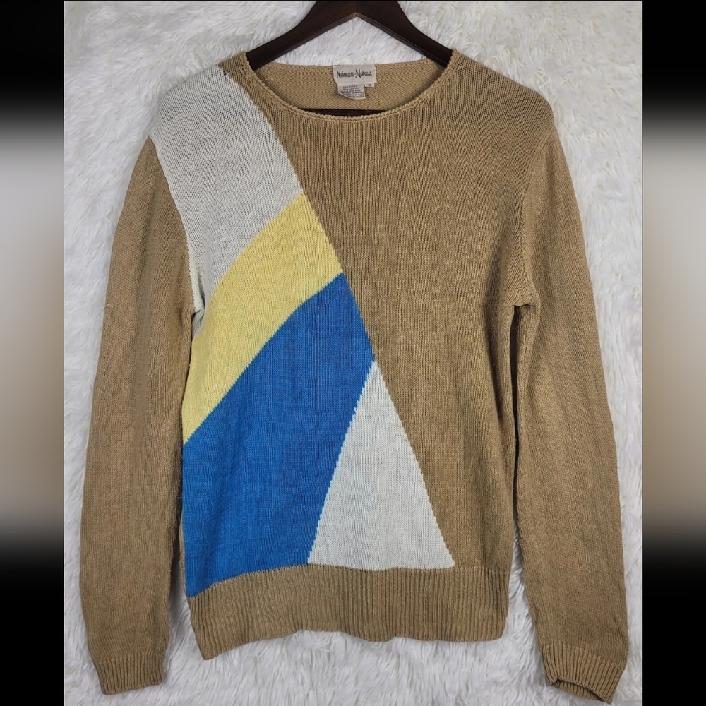 Vtg Neiman Marcus Womens S Colorblock Ramie Cotton‎ Blend Sweater Abstract